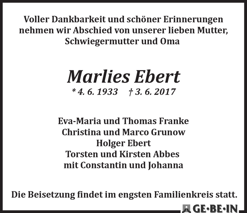 Traueranzeige von Marlies Ebert von WESER-KURIER