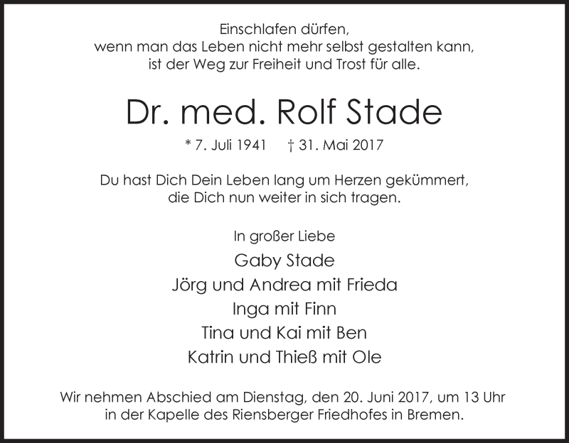Traueranzeige von Stade Rolf von WESER-KURIER