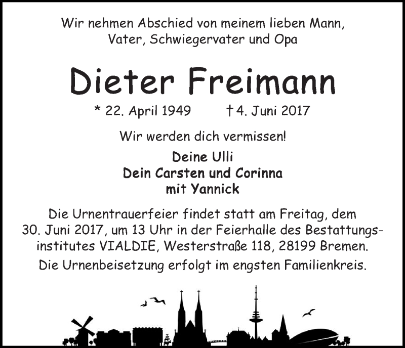Traueranzeige von Dieter Freimann von WESER-KURIER