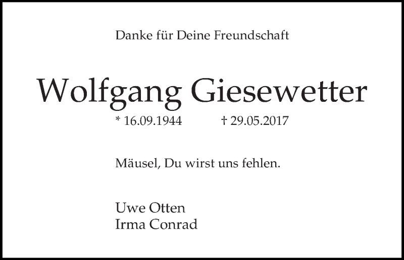 Traueranzeige von Wolfgang Giesewetter von WESER-KURIER