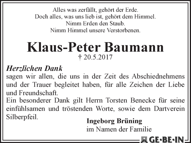Traueranzeige von Klaus-Peter Baumann von WESER-KURIER