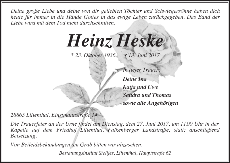 Traueranzeige von Heinz Heske von Wuemme Zeitung