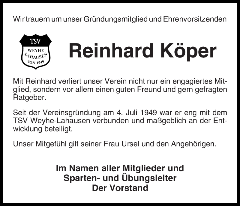 Traueranzeige von Reinhard Köper von Regionale Rundschau/Syker Kurier