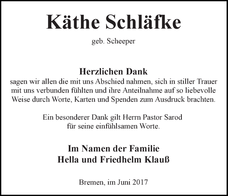 Traueranzeige von Käthe Schläfke von WESER-KURIER