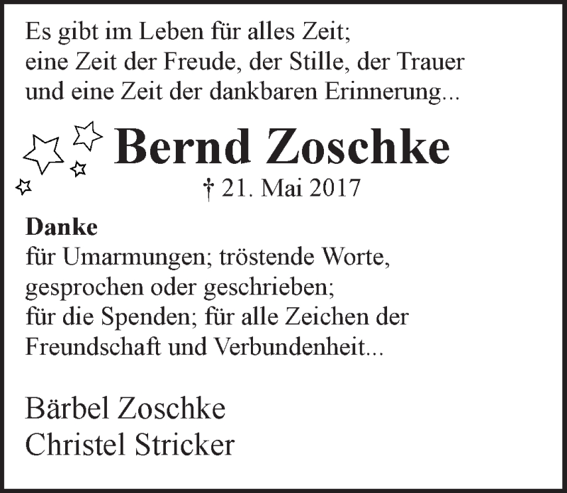 Traueranzeige von Bernd Zoschke von WESER-KURIER