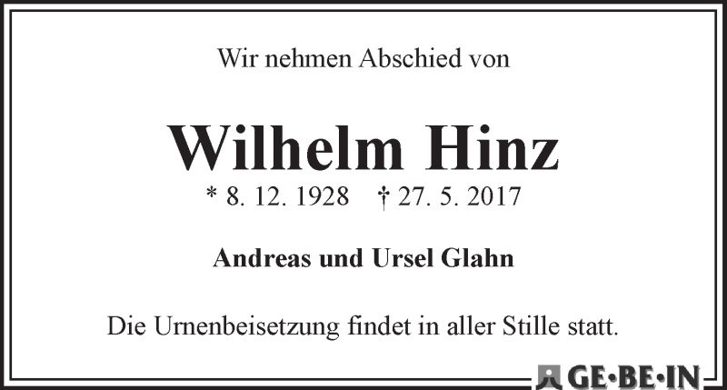 Traueranzeige von Wilhelm Hinz von WESER-KURIER