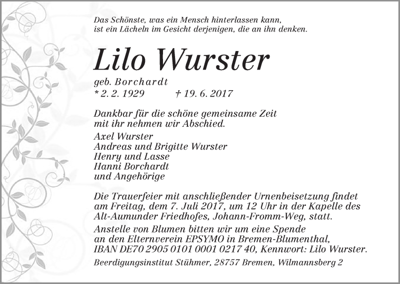 Traueranzeige von Lilo Wurster von Die Norddeutsche