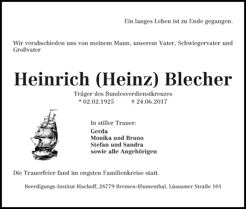 Traueranzeige von Heinrich (Heinz) Blecher von Die Norddeutsche