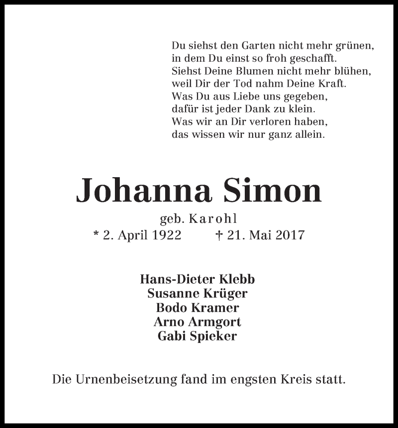 Traueranzeige von Johanna Simon von WESER-KURIER