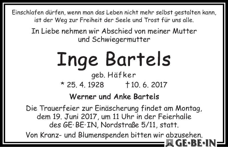 Traueranzeige von Inge Bartels von WESER-KURIER