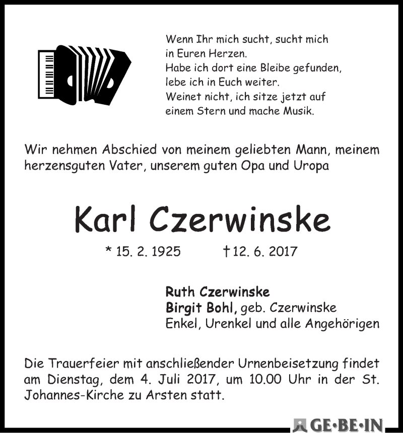 Traueranzeige von Karl Czerwinske von WESER-KURIER
