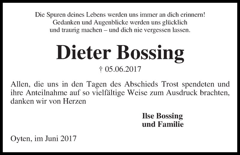 Traueranzeige von Dieter Bossing von Achimer Kurier/Verdener Nachrichten