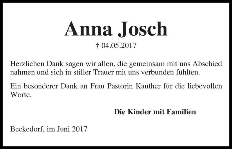 Traueranzeige von Anna Josch von Die Norddeutsche