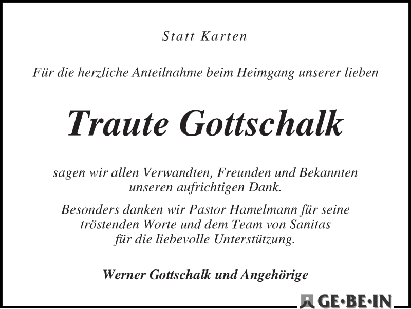 Traueranzeige von Traute Gottschalk von WESER-KURIER