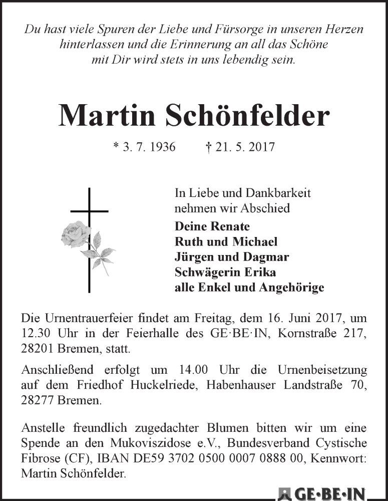 Traueranzeige von Martin Schönfelder von WESER-KURIER
