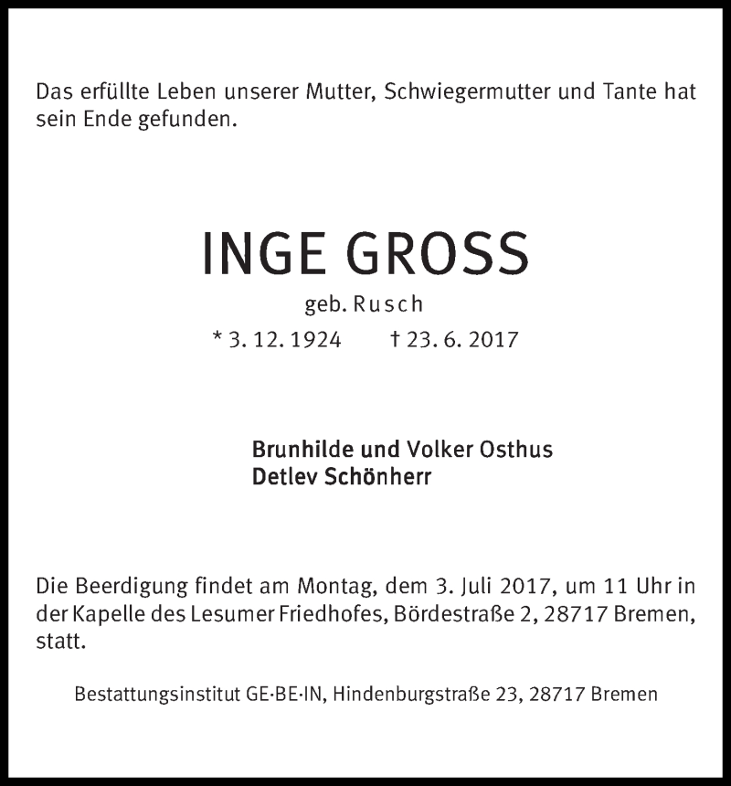 Traueranzeige von Inge Gross von WESER-KURIER