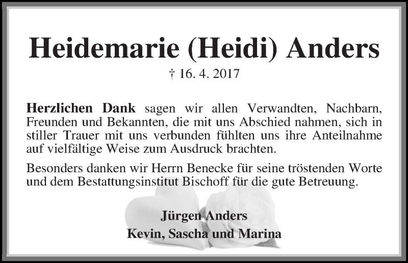 Traueranzeige von Heidemarie (Heidi) Anders von Die Norddeutsche