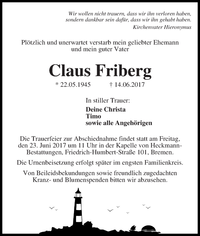 Traueranzeige von Claus Friberg von Die Norddeutsche