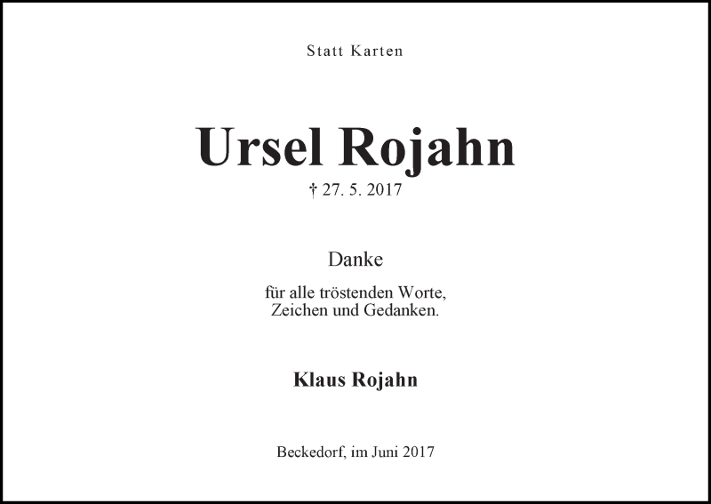 Traueranzeige von Ursel Rojahn von WESER-KURIER