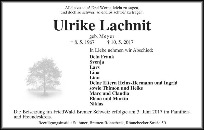 Traueranzeige von Ulrike Lachnit von Die Norddeutsche