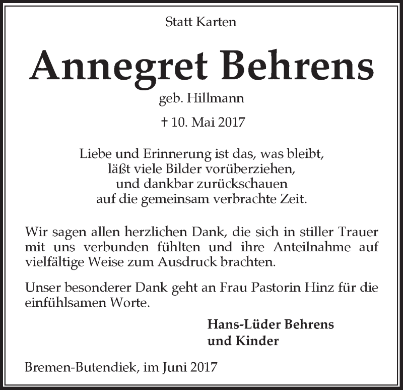 Traueranzeige von Annegret Behrens von WESER-KURIER