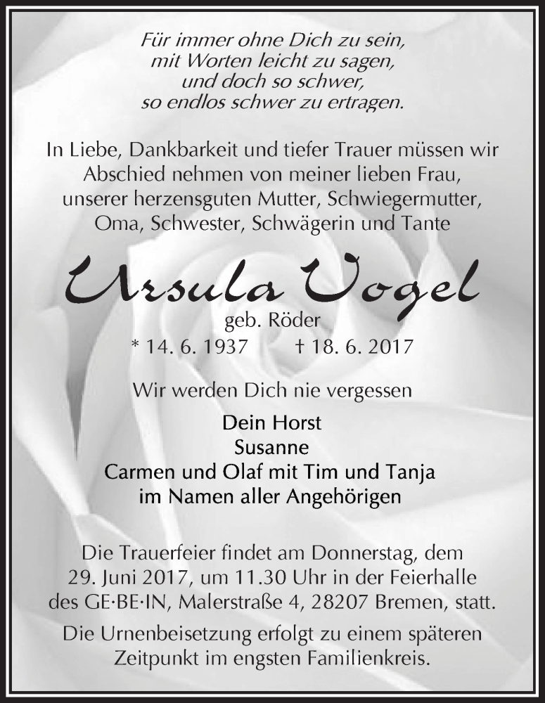Traueranzeige von Ursula Vogel von WESER-KURIER