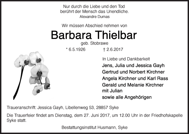 Traueranzeige von Barbara Thielbar von WESER-KURIER
