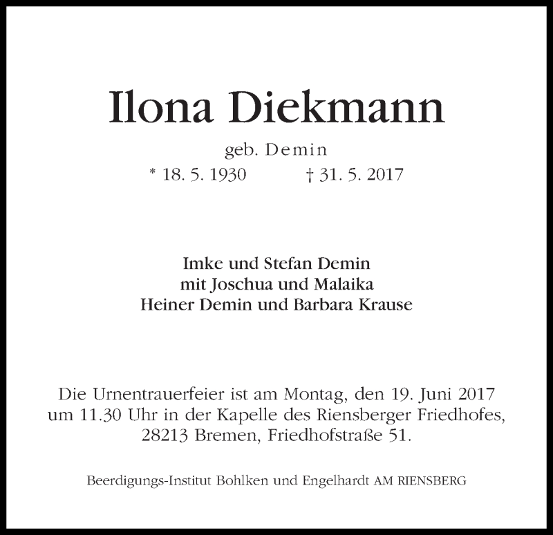 Traueranzeige von Ilona Diekmann von WESER-KURIER