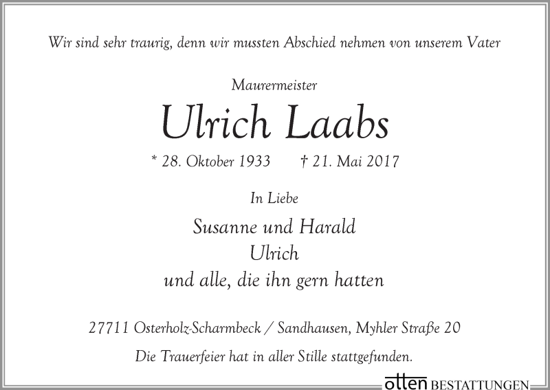 Traueranzeige von Ulrich Laabs von Osterholzer Kreisblatt