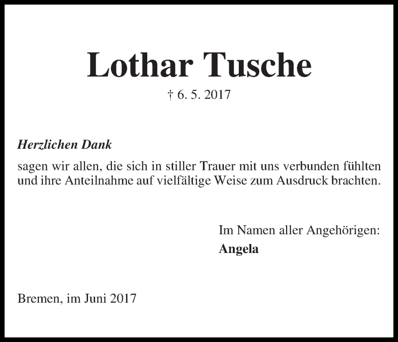 Traueranzeige von Lothar Tusche von Die Norddeutsche