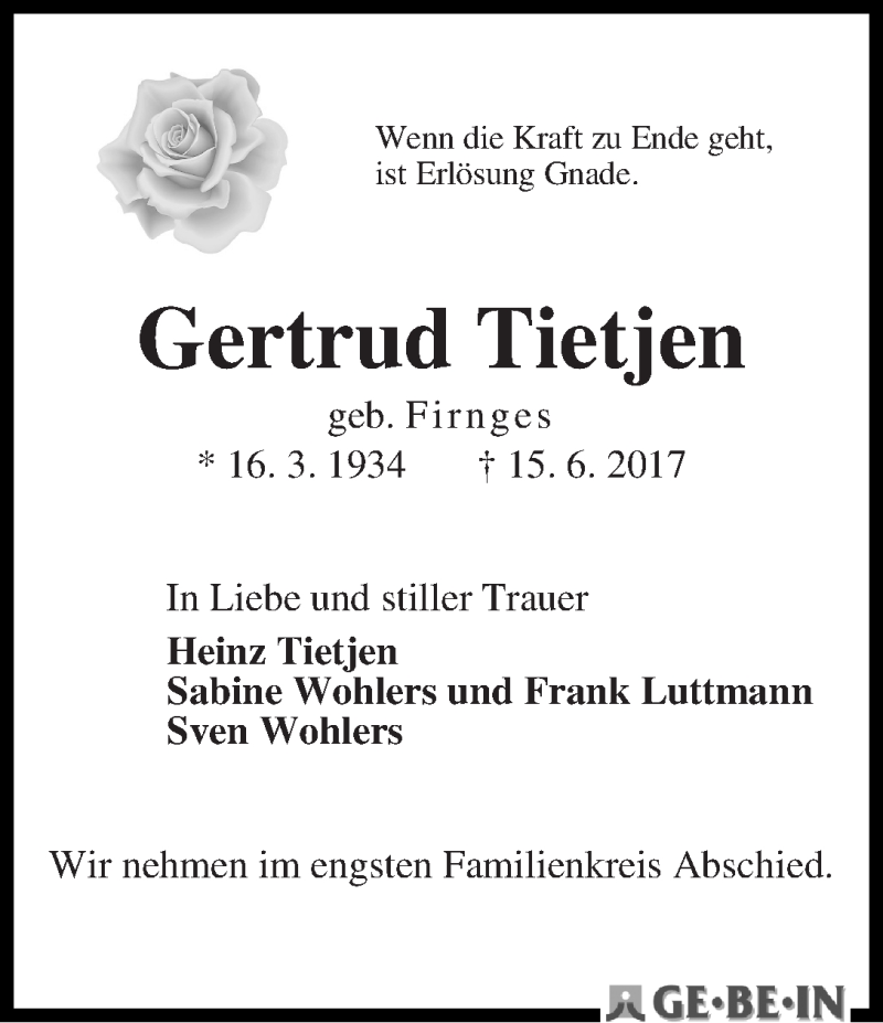 Traueranzeige von Gertrud Tietjen von WESER-KURIER