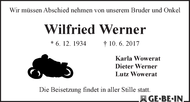 Traueranzeige von Wilfried Werner von WESER-KURIER