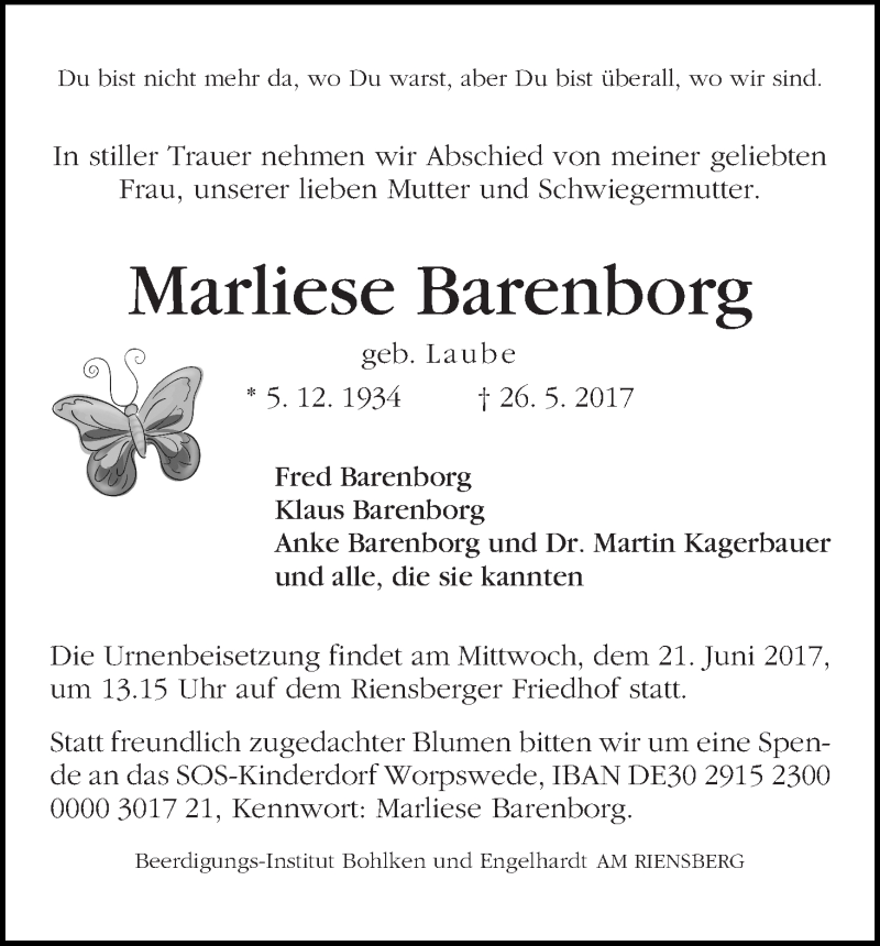 Traueranzeige von Marliese Barenborg von WESER-KURIER