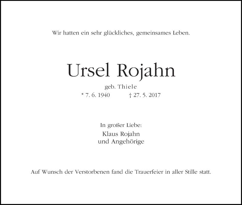 Traueranzeige von Ursel Rojahn von Die Norddeutsche