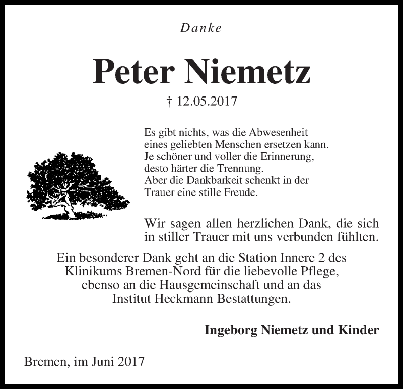 Traueranzeige von Peter Niemetz von WESER-KURIER
