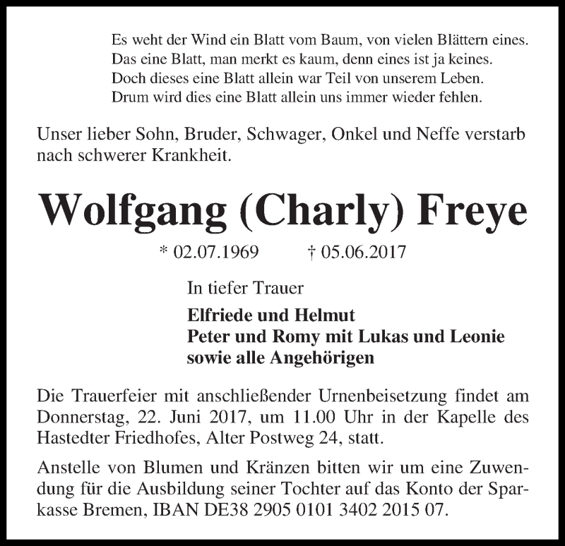 Traueranzeige von Wolfgang (Charly) Freye von WESER-KURIER