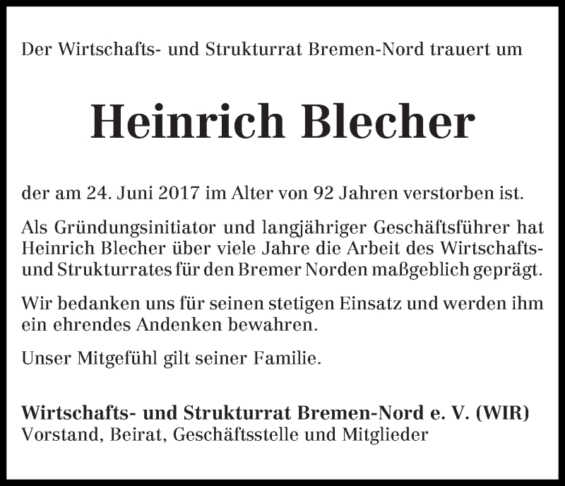 Traueranzeige von Heinrich (Heinz) Blecher von Die Norddeutsche