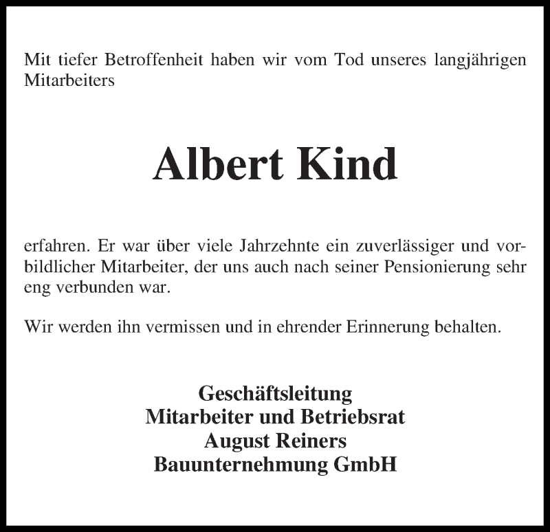 Traueranzeige von Albert Kind von WESER-KURIER