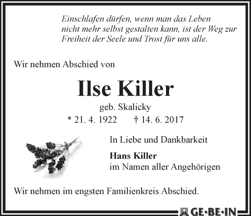 Traueranzeige von Ilse Killer von WESER-KURIER