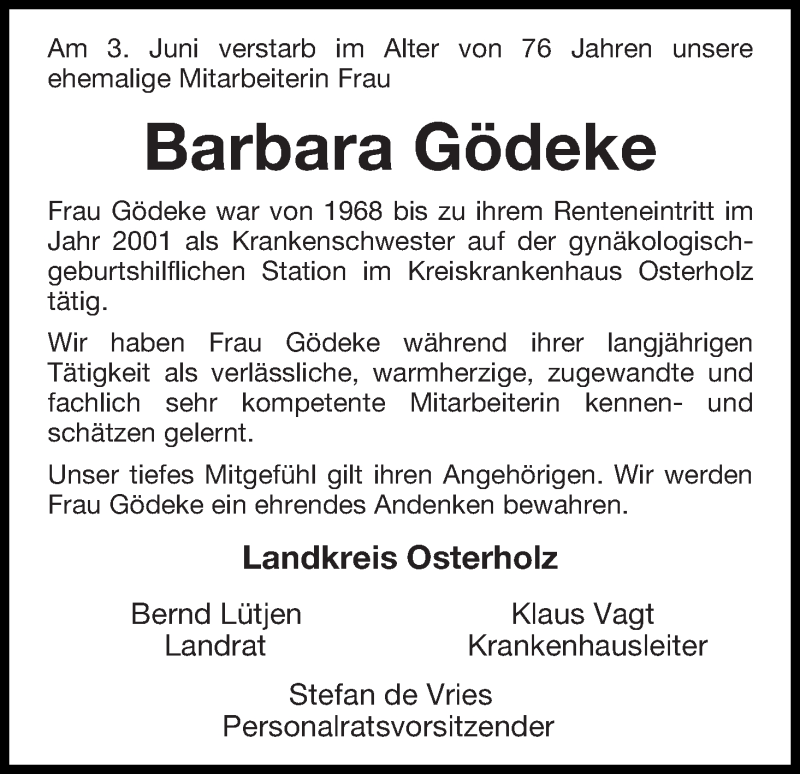 Traueranzeige von Barbara Gödeke von Osterholzer Kreisblatt