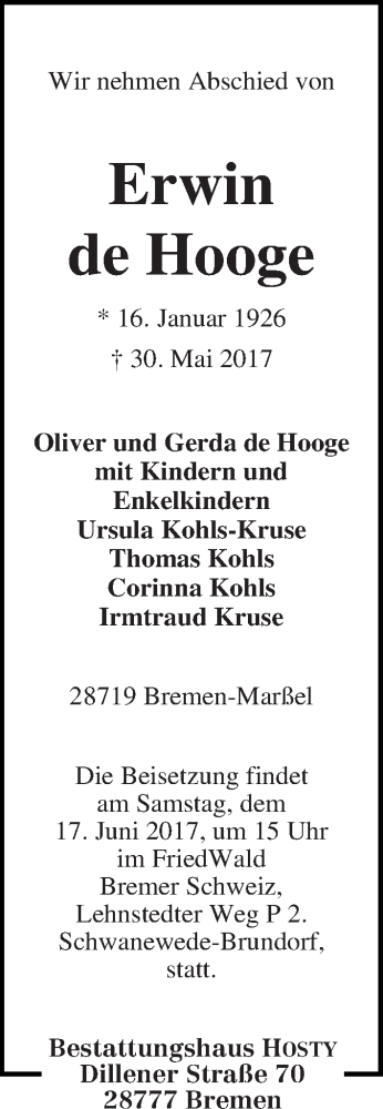 Traueranzeige von Erwin de Hooge von WESER-KURIER