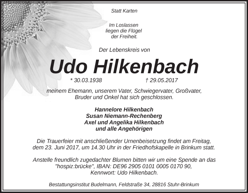 Traueranzeige von Udo Hilkenbach von Regionale Rundschau/Syker Kurier