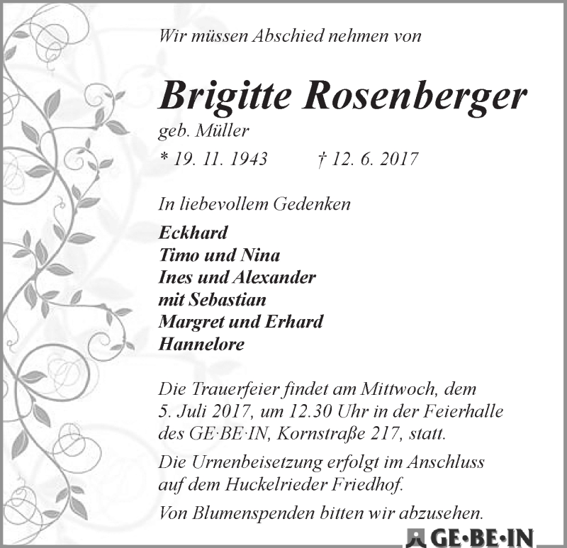 Traueranzeige von Brigitte Rosenberger von WESER-KURIER