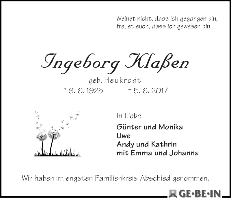 Traueranzeige von Ingeborg Klaßen von WESER-KURIER