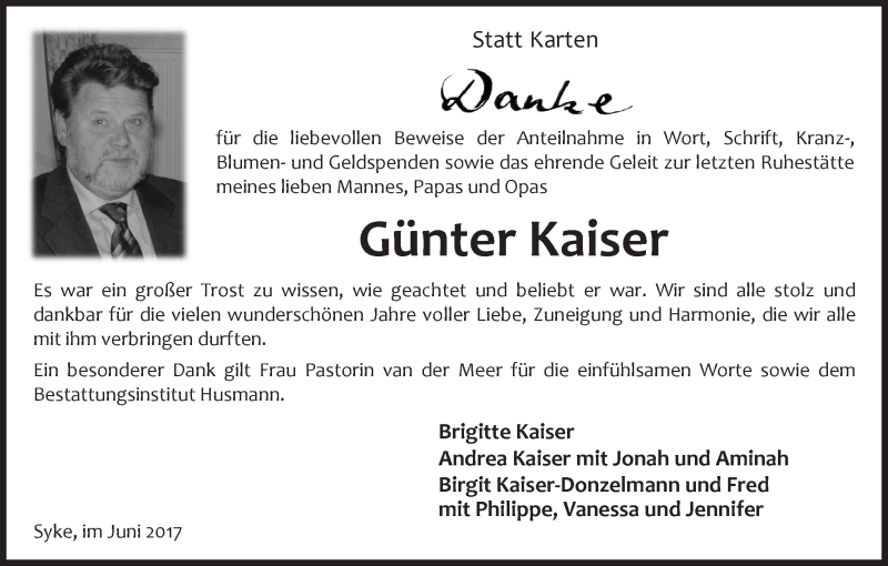 Traueranzeige von Günter Kaiser von Regionale Rundschau/Syker Kurier