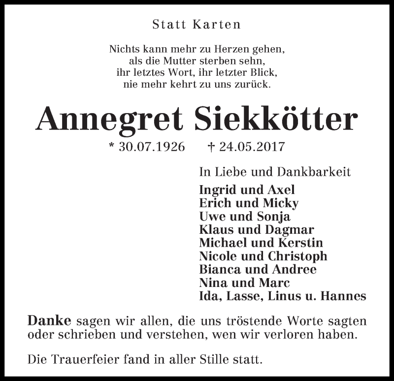 Traueranzeige von Annegret Siekkötter von WESER-KURIER