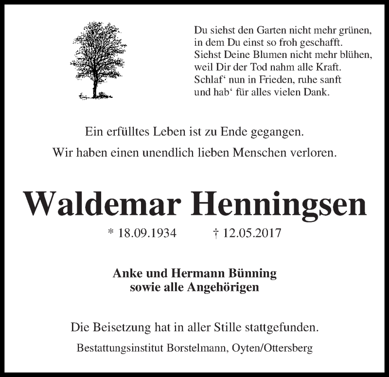 Traueranzeige von Waldemar Henningsen von Achimer Kurier/Verdener Nachrichten