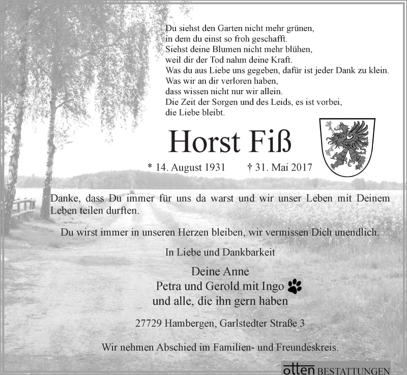 Traueranzeige von Horst Fiß von Osterholzer Kreisblatt