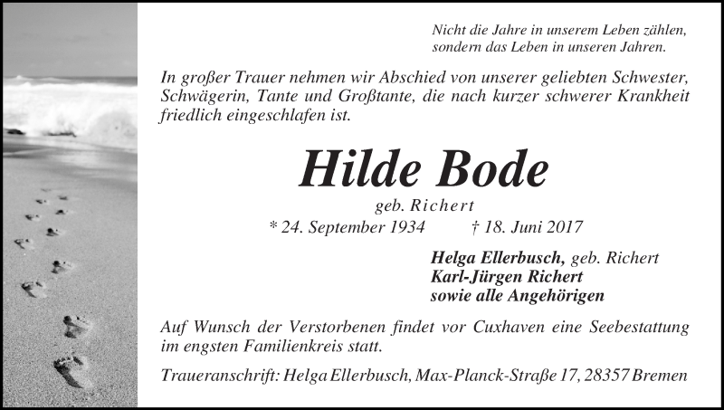 Traueranzeige von Hilde Bode von WESER-KURIER