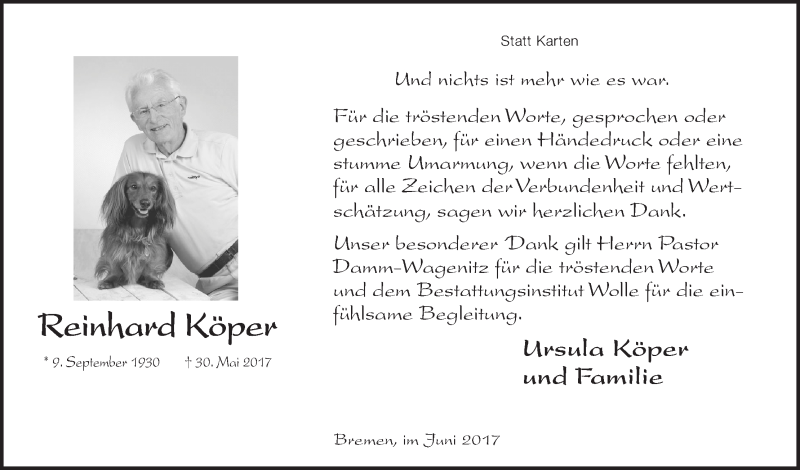Traueranzeige von Reinhard Köper von WESER-KURIER